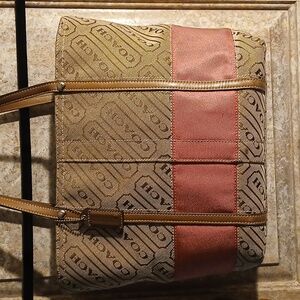 Authentic Coach Signature Brown Classic Logo and Pink Stripe Tote